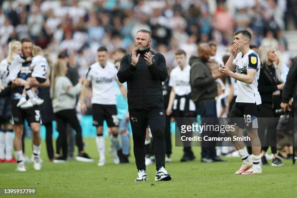 Wayne Rooney, Manager of Derby County applauds fans after the Sky Bet Championship match between Derby County and Cardiff City at Pride Park Stadium...