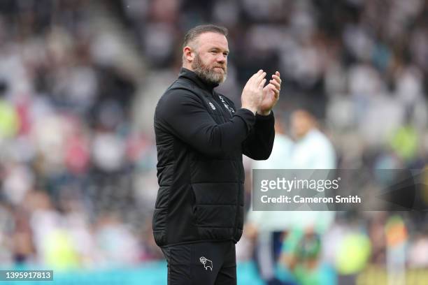 Wayne Rooney, Manager of Derby County applauds fans after the Sky Bet Championship match between Derby County and Cardiff City at Pride Park Stadium...