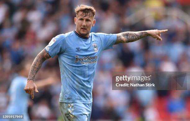 Kyle McFadzean of Coventry City gestures during the Sky Bet Championship match between Stoke City and Coventry City at Bet365 Stadium on May 07, 2022...