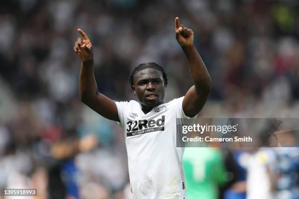 Festy Ebosele of Derby County acknowledges the fans after the Sky Bet Championship match between Derby County and Cardiff City at Pride Park Stadium...
