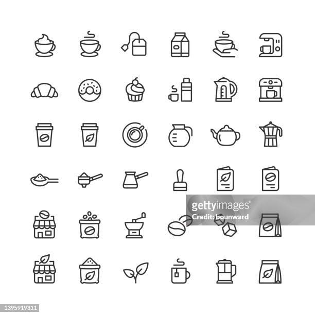 symbole für kaffee- und teeliniensymbole bearbeitbarer strich - geröstete kaffeebohne stock-grafiken, -clipart, -cartoons und -symbole