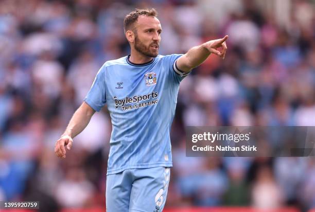 Liam Kelly of Coventry City gestures during the Sky Bet Championship match between Stoke City and Coventry City at Bet365 Stadium on May 07, 2022 in...