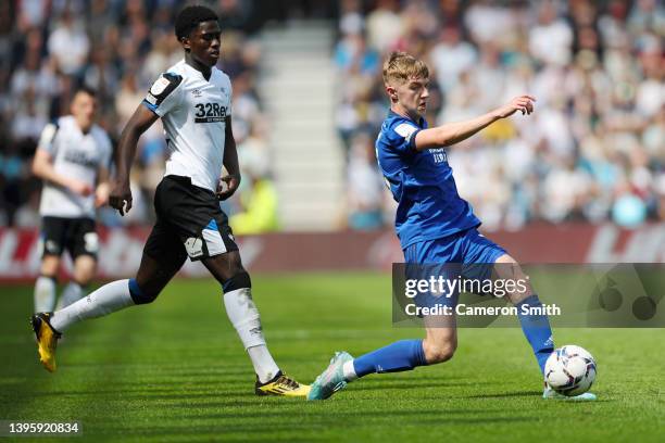 Joel Bagan of Cardiff City controls the ball during the Sky Bet Championship match between Derby County and Cardiff City at Pride Park Stadium on May...