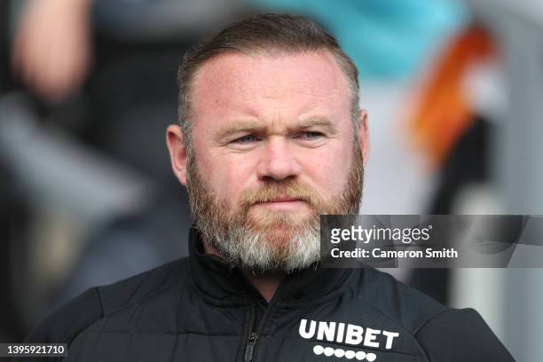 Wayne Rooney, Manager of Derby County looks on during the Sky Bet Championship match between Derby County and Cardiff City at Pride Park Stadium on...