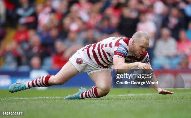 Liam Marshall of Wigan Warriors scores their sides fourth try during the Betfred Challenge Cup Semi Final match between Wigan Warriors and St Helens...
