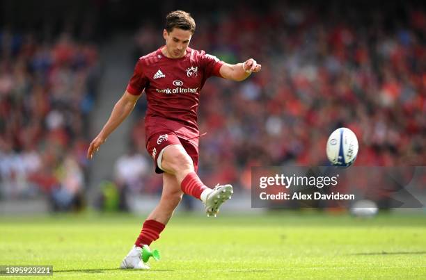 Joey Carbery of Munster kicks a conversion during the Heineken Champions Cup Quarter Final match between Munster Rugby and Stade Toulousain at Aviva...