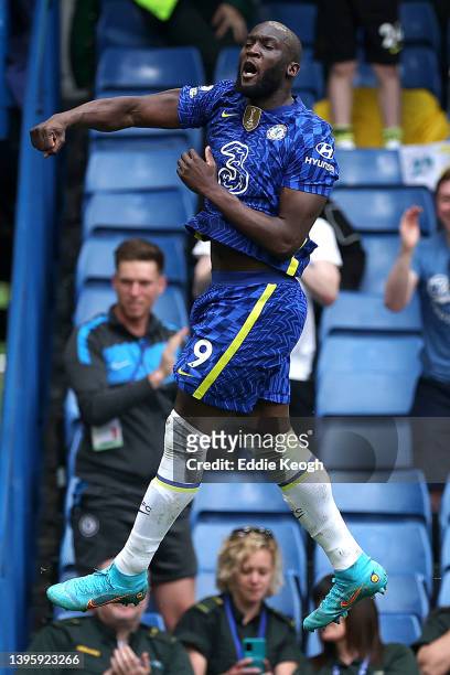 Romelu Lukaku of Chelsea celebrates after scoring their team's second goal during the Premier League match between Chelsea and Wolverhampton...