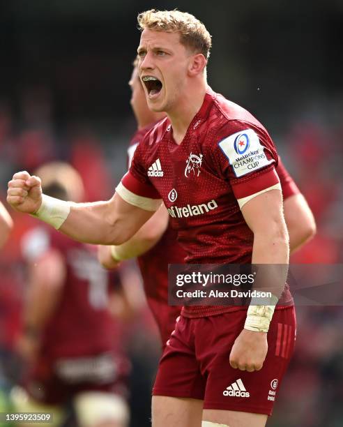 Mike Haley of Munster celebrates after scoring their sides third try during the Heineken Champions Cup Quarter Final match between Munster Rugby and...
