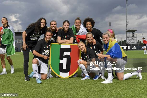 Juventus players of Juventus Women celebrate for the victory of their fifth Italian Championship after the Women Serie A match between Juventus and...