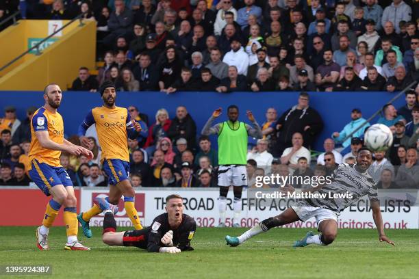 Ebou Adams of Forest Green Rovers scores their team's first goal during the Sky Bet League Two match between Mansfield Town and Forest Green Rovers...