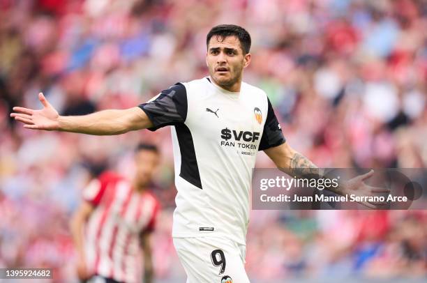 Maxi Gomez of Valencia CF reacts during the La Liga Santander match between Athletic Club and Valencia CF at San Mames Stadium on May 07, 2022 in...
