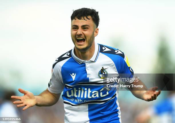 Aaron Collins of Bristol Rovers celebrates their sides sixth goal during the Sky Bet League Two match between Bristol Rovers and Scunthorpe United at...