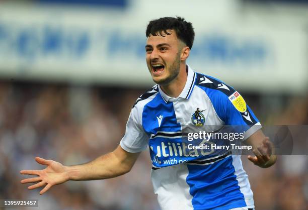 Aaron Collins of Bristol Rovers celebrates their sides sixth goal during the Sky Bet League Two match between Bristol Rovers and Scunthorpe United at...
