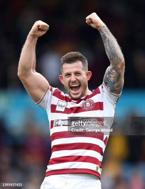 Cade Cust of Wigan Warriors celebrates after victory in the Betfred Challenge Cup Semi Final match between Wigan Warriors and St Helens at Elland...