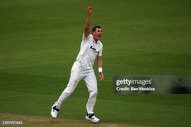 Dan Worrall of Surrey appeals during the LV= Insurance County Championship match between Surrey and Northamptonshire at The Kia Oval on May 07, 2022...