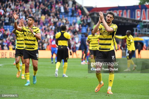 Craig Cathcart of Watford FC applauds the fans after their sides defeat and relegation to the Championship during the Premier League match between...