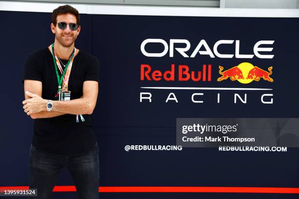 Former tennis player Juan Martin del Potro poses in the Red Bull Racing garage prior to final practice ahead of the F1 Grand Prix of Miami at the...