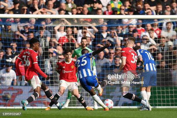 Moises Caicedo of Brighton & Hove Albion scores their team's first goal during the Premier League match between Brighton & Hove Albion and Manchester...