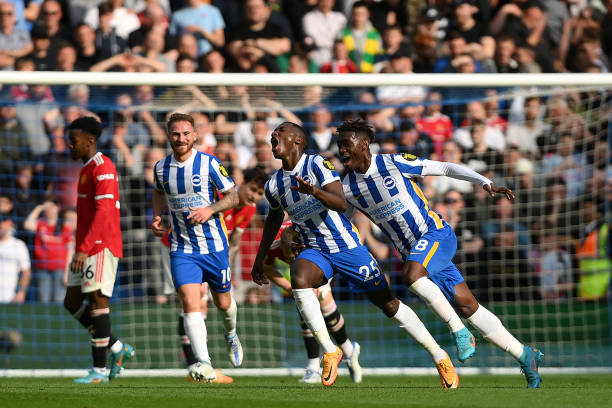 Moises Caicedo of Brighton & Hove Albion celebrates after scoring their team's first goal during the Premier League match between Brighton & Hove...