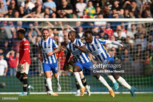Moises Caicedo of Brighton & Hove Albion celebrates after scoring their team's first goal during the Premier League match between Brighton & Hove...