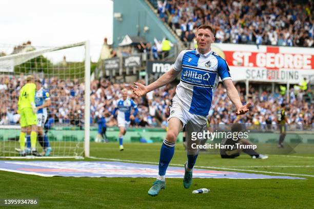 Elliot Anderson of Bristol Rovers celebrates their sides seventh goal during the Sky Bet League Two match between Bristol Rovers and Scunthorpe...