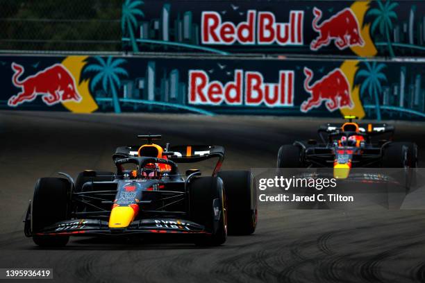 Max Verstappen of the Netherlands driving the Oracle Red Bull Racing RB18 leads Sergio Perez of Mexico driving the Oracle Red Bull Racing RB18 on...