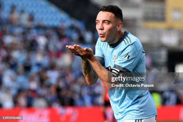 Iago Aspas of RC Celta de Vigo celebrates after scoring their team's second goal during the LaLiga Santander match between RC Celta de Vigo and...