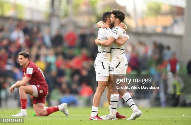 Romain Ntamack and Matthis Lebel of Stade Toulousain celebrate victory after a kick at goal shoot out during the Heineken Champions Cup Quarter Final...