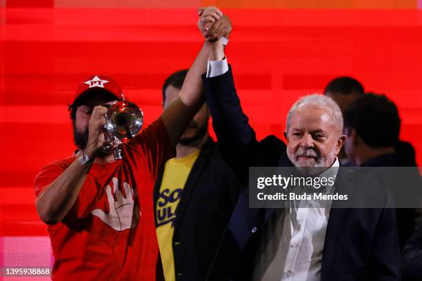 Former president of Brazil Luiz Inacio Lula da Silva reacts during event to announce Lula's pre-candidacy for October presidential elections along...