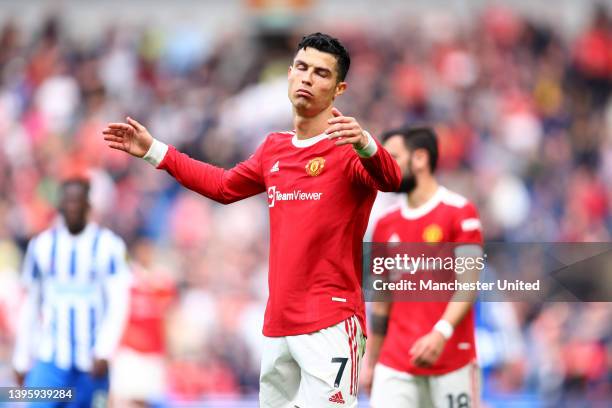 Cristiano Ronaldo of Manchester United shows his frustration during the Premier League match between Brighton & Hove Albion and Manchester United at...