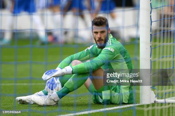 David De Gea of Manchester United reacts after Marc Cucurella of Brighton & Hove Albion scored their sides third goalduring the Premier League match...