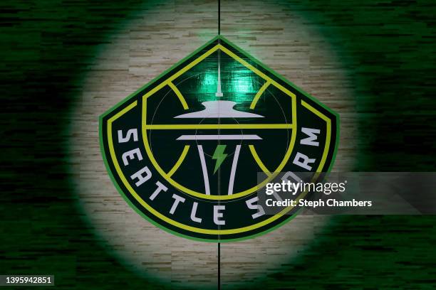 The Seattle Storm logo is seen at center court before the game between the Seattle Storm and the Minnesota Lynx at Climate Pledge Arena on May 06,...