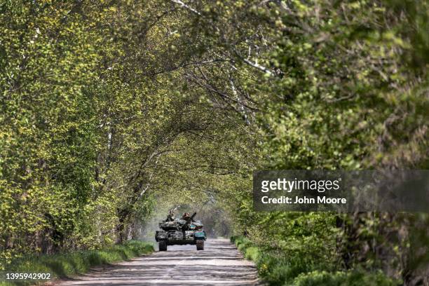 Ukrainian Army tank moves towards a frontline position on May 07, 2022 in Dnipropetrovsk Oblast, Ukraine. Ukrainian forces exchanged fire with...