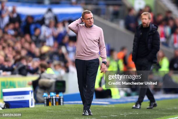 Interim Manager Ralf Rangnick of Manchester United watches from the touchline during the Premier League match between Brighton & Hove Albion and...