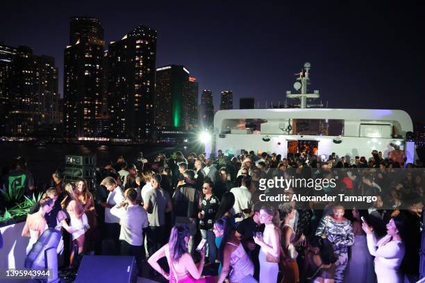 View of the Miami skyline and guests aboard the Seafair Mega Yacht at the PATRÓN X Miami Grand Prix Weekend Yacht Party at Seafair Mega Yacht on May...