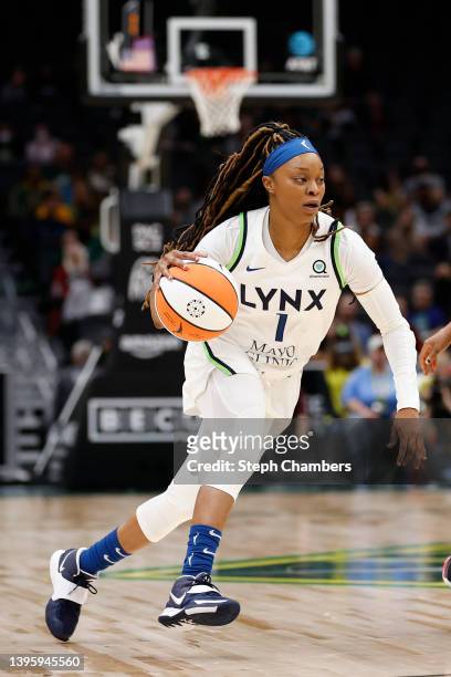Odyssey Sims of the Minnesota Lynx dribbles against the Seattle Storm during the first half at Climate Pledge Arena on May 06, 2022 in Seattle,...