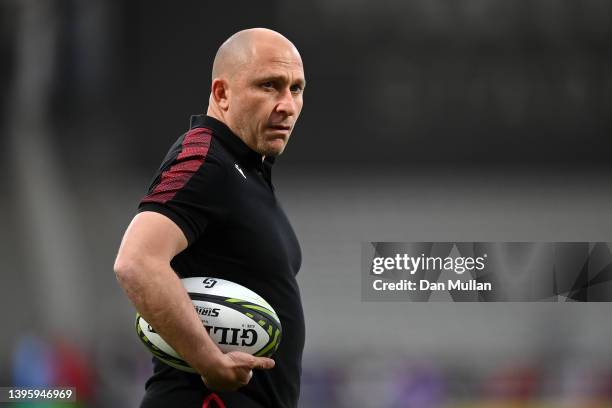Pierre Mignoni, Head Coach of Lyon looks on prior to the EPCR Challenge Cup Quarter Final match between Lyon and Glasgow Warriors at MATMUT Stadium...
