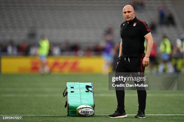 Pierre Mignoni, Head Coach of Lyon looks on prior to the EPCR Challenge Cup Quarter Final match between Lyon and Glasgow Warriors at MATMUT Stadium...