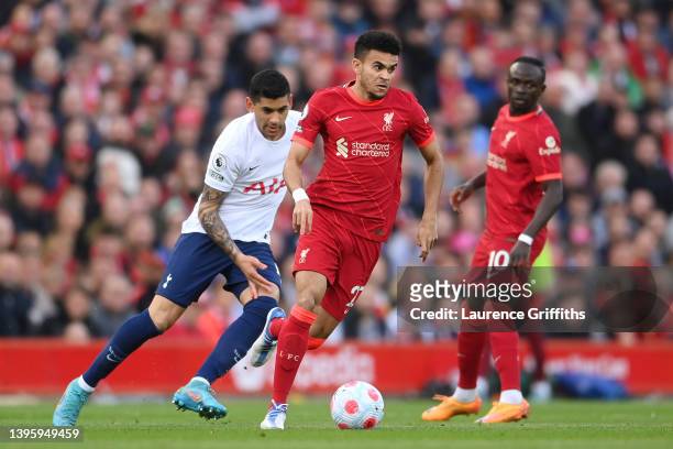 Luis Diaz of Liverpool runs with the ball during the Premier League match between Liverpool and Tottenham Hotspur at Anfield on May 07, 2022 in...