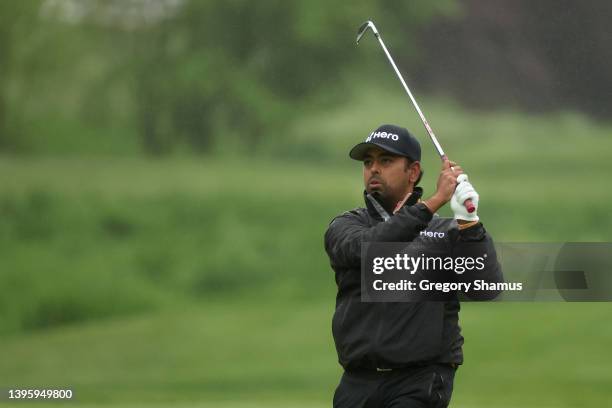 Anirban Lahiri of India plays a second shot on the sixth hole during the third round of the Wells Fargo Championship at TPC Potomac Clubhouse on May...