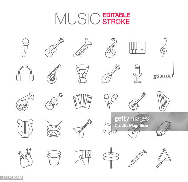 ilustrações, clipart, desenhos animados e ícones de ícones de instrumentos musicais definem traçado editável - bateria instrumento de percussão