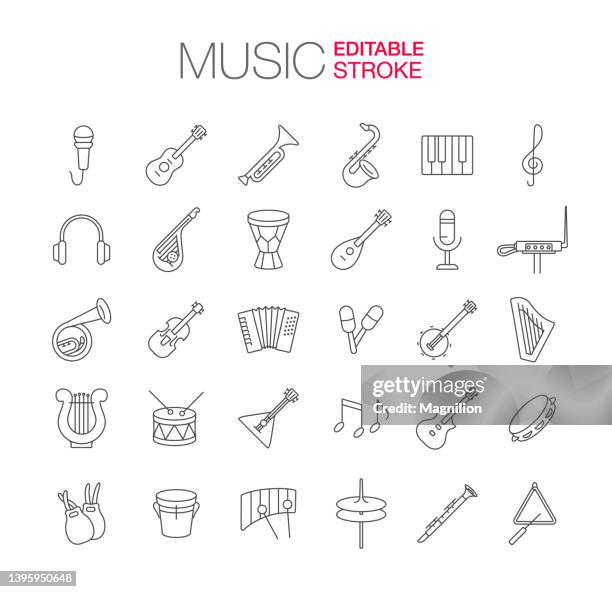 ilustrações, clipart, desenhos animados e ícones de ícones de instrumentos musicais definem traçado editável - violão