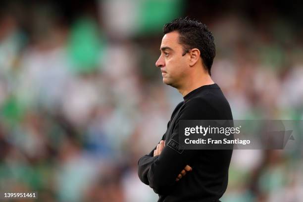 Xavi Hernandez, Head Coach of FC Barcelona looks on prior to the La Liga Santander match between Real Betis and FC Barcelona at Estadio Benito...