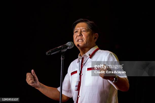 Ferdinand "Bongbong" Marcos Jr. Speaks to supporters during his last campaign rally before the election on May 07, 2022 in Paranaque, Metro Manila,...