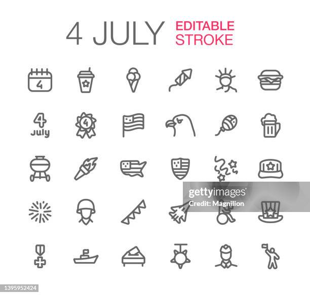 ilustraciones, imágenes clip art, dibujos animados e iconos de stock de 4 de julio día de la independencia iconos establecer trazo editable - food state