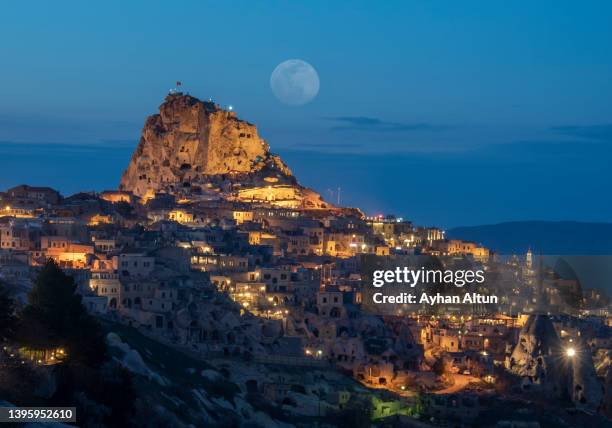 uchisar castle, cappadocia region, nevsehir province, central anatolia of turkey - nevşehir province stock-fotos und bilder