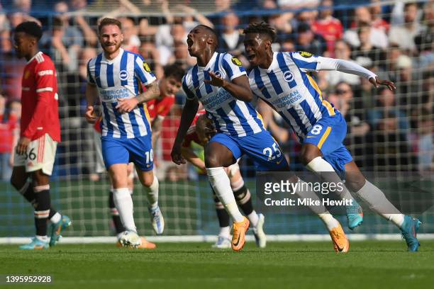 Moises Caicedo of Brighton & Hove Albion celebrates with Yves Bissouma after opening the scoring during the Premier League match between Brighton &...