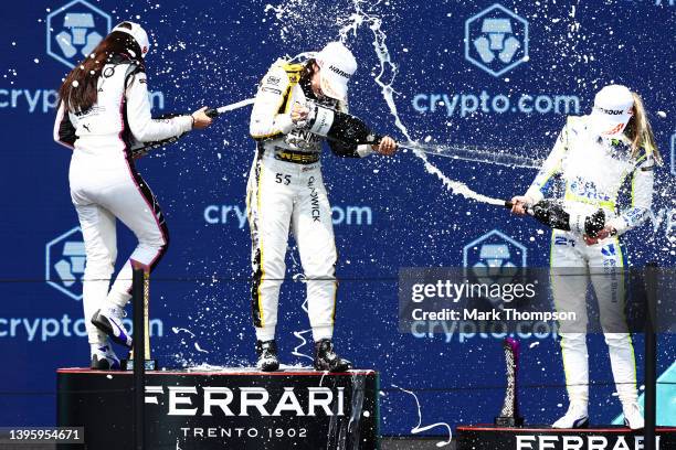 Race winner Jamie Chadwick of Great Britain and Jenner Racing Second placed Marta Garcia of Spain and CortDAO W Series Team and Third placed Jessica...