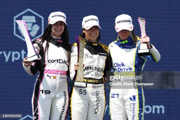 Race winner Jamie Chadwick of Great Britain and Jenner Racing Second placed Marta Garcia of Spain and CortDAO W Series Team and Third placed Jessica...