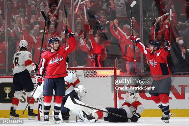 Nic Dowd of the Washington Capitals celebrates his goal against the Florida Panthers during the third period in Game Three of the First Round of the...
